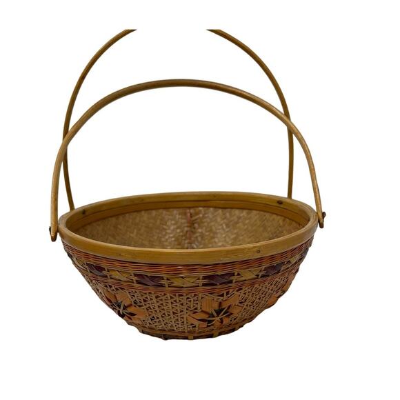 Vintage Asian Split Bamboo and Rattan Woven Boho Floral Double Handle Basket - Picture 4 of 6